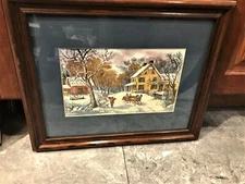   Art Print 10"x6" Frame 16.5"x13.5 Winter Scene Horses Cart House Men Cut Wood