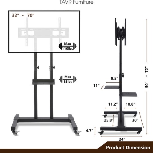 Dual Monitors Mobile TV Cart 2 TV Brackets on Wheel for 32-70 inch TVs - Picture 7 of 12