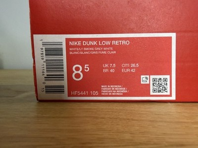 Brand New Men s Nike Dunk Low Retro White/Light Smoke Grey