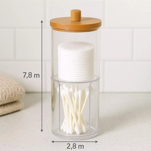 Acrylic Q-tip Dispenser and Cotton Pad Holder with Bamboo Lid, 2 Tier Organizer - Picture 3 of 3