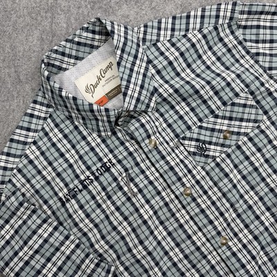 Duck Camp Shirt Mens L Green Plaid Vented Fishing Magnet Pocket Stretch USA Logo
