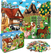 Puzzles for Kids Ages 4-6, Farm 60 Piece Puzzles for Kids in a Metal Box, Educat