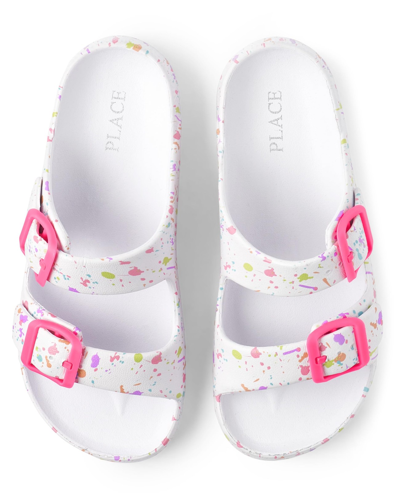 Girls Double Buckle Slip On Slide Sandals, White Paint Splatter, 13 Little Kid