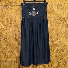 VTG High Waist Midi Jean Skirt Rhinestone Floral Denim Western Chic Festival XS