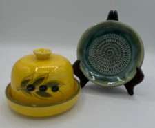 Garlic Roaster, Yellow w/Olive Branch and Stoneware Grater, Blue/Hand Made
