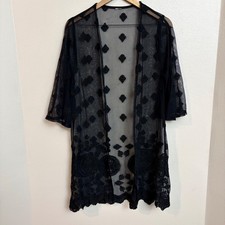 Kimono OS Black Sheer Mesh Embroidered Whimsigoth Goth Duster Coverup