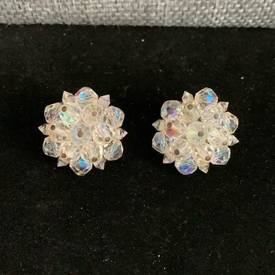 Vintage Laguna Earrings Clip-on Cluster Aurora Borealis AB Rhinestones