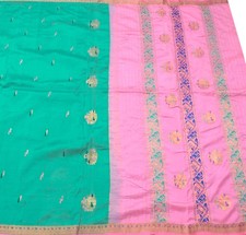 Sushila Vintage Aqua Green  Pink Saree 100 Pure silk Woven Soft Sari Fabric