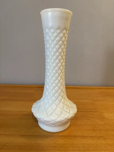 Vintage Randall Milk Glass Vase 9" Diamond Quilted Bud Vase White