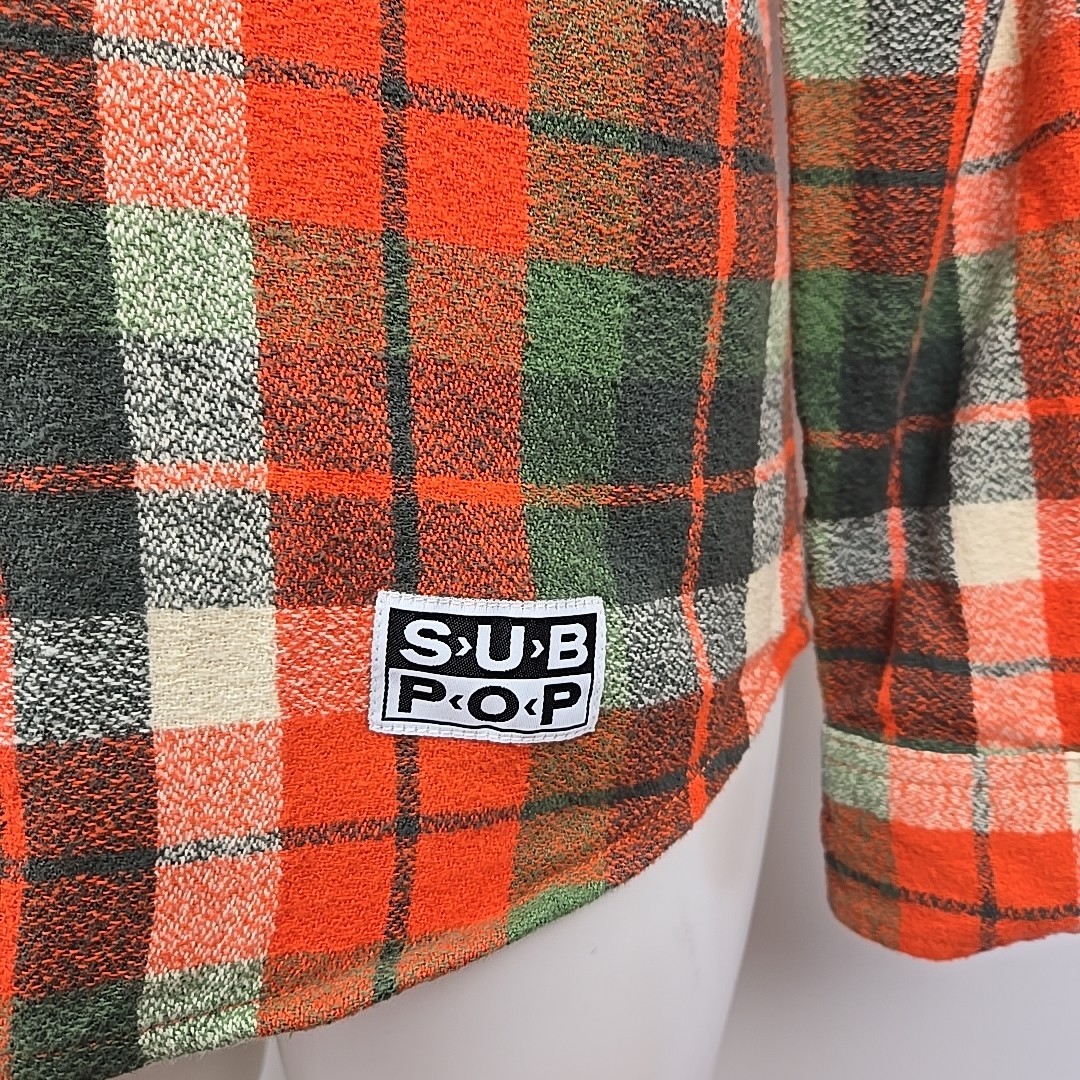 SUB POP Records Camano Flannel Shirt Orange Autumn Plaid Men's S Woven Cotton