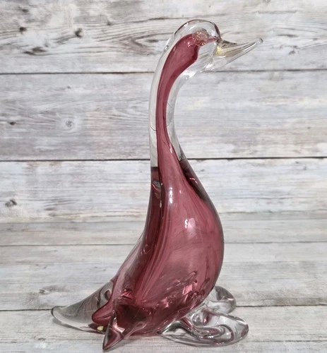 Vintage Murano Barbini Sommerso Glass Goose Duck Cranberry Glass Gold Beak