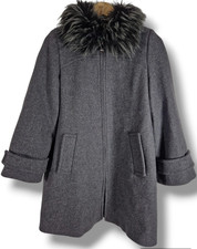 Zara Wool Blend Coat Grey Faux Fur Collar Zip Front Pockets Size S