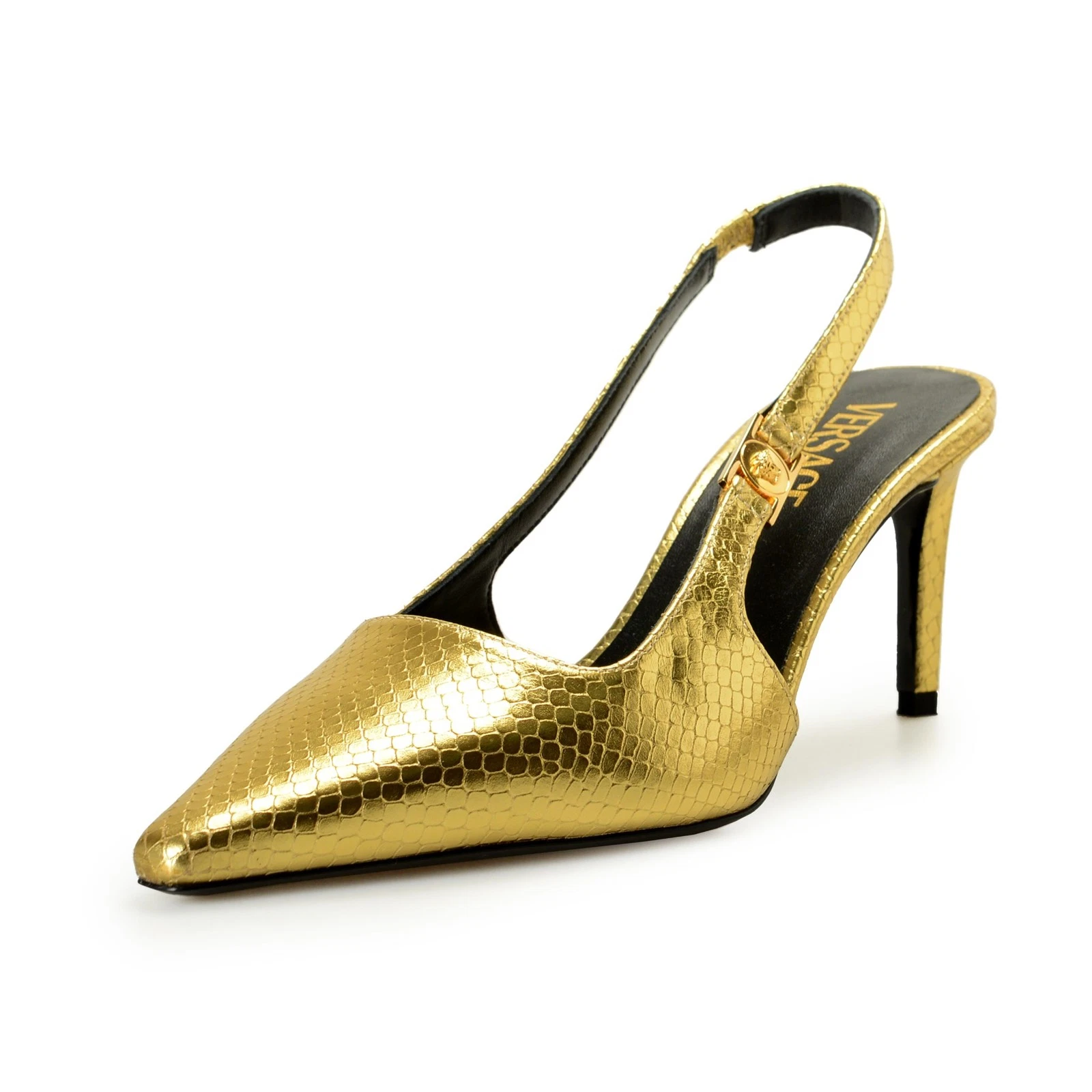 Versace — Versace Women's Gold Snake Print Leather Heeled Slingback Pumps Shoes US 8 IT 38