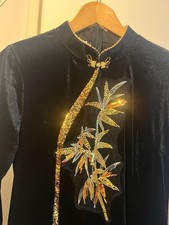 Black Velvet Cheongsam Dress Gold Sequin Embellished Party Qipao size 12-14  NEW