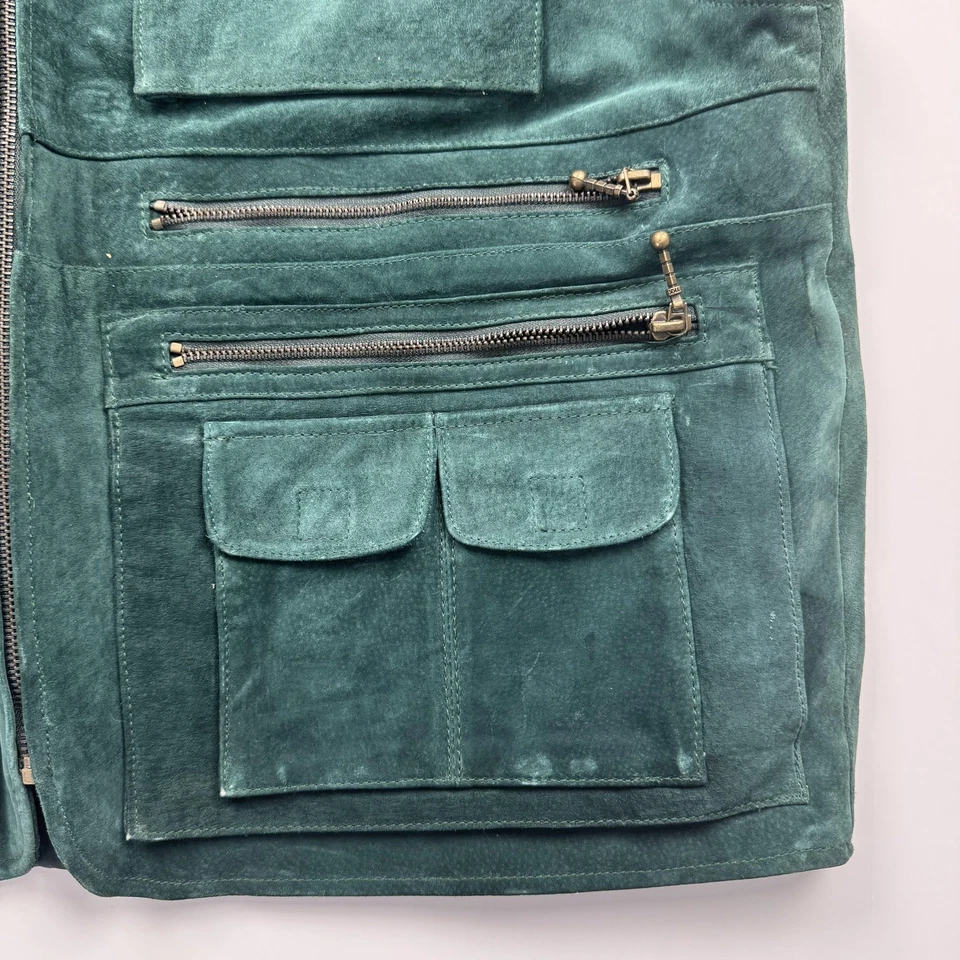 G-III Leather Vest Mens Large Green Suede Utility Multi Pocket Outdoor Lined - Image 4 of 4