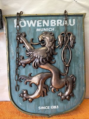 DWN1- Vintage LOWENBRAU Munich Beer 3D SHIELD with Chains & Blue Wood Background