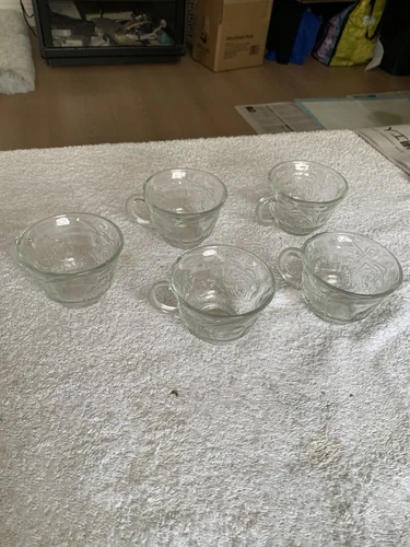 Set of 5 new Vintage Crystal Floral Clear Glass Pattern Tea/coffee Cup 10 oz 