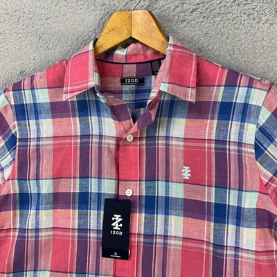 Izod Mens Linen Blend Shirt Small Pink Plaid Short Sleeve Button Up Pocket NEW