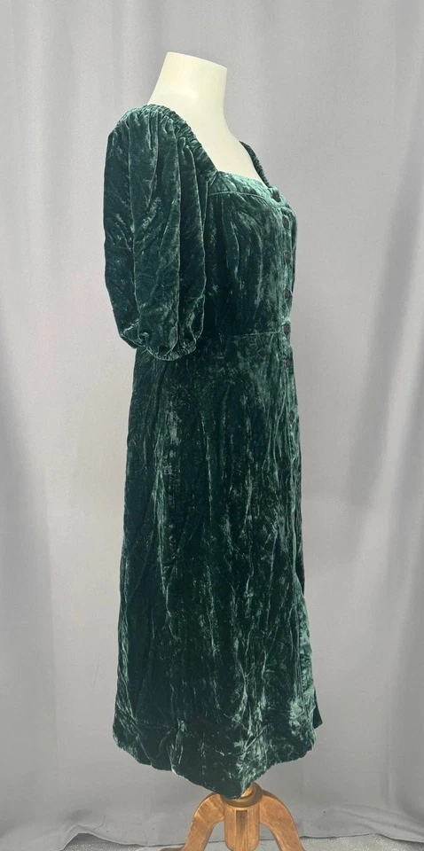 Vestido J.Crew Mujer 6 Verde Terciopelo Botón Manga Abullonada Midi Renacimiento Pradera Foto 4 de 4