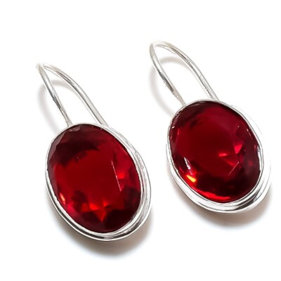 Red Garnet Gemstone 925 Sterling Silver Jewelry Stud Earring Sz 0.75''
