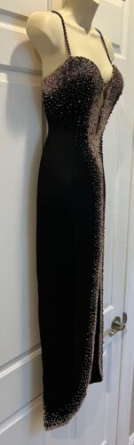 Vintage 80's Sexy Black Satin Plunging Neckline Rhinestone Beaded Evening Gown S - Picture 2 of 7