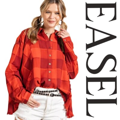 S-M EASEL RED PLAID YARN DYE LINEN LOOKING FRAY DETAIL BUTTON DOWN SHIRT BHCS