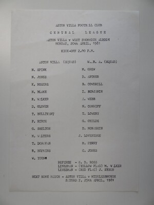 ASTON VILLA v WBA | 1980/1981 | RESERVES | 20 APR 1981 | UK FREEPOST