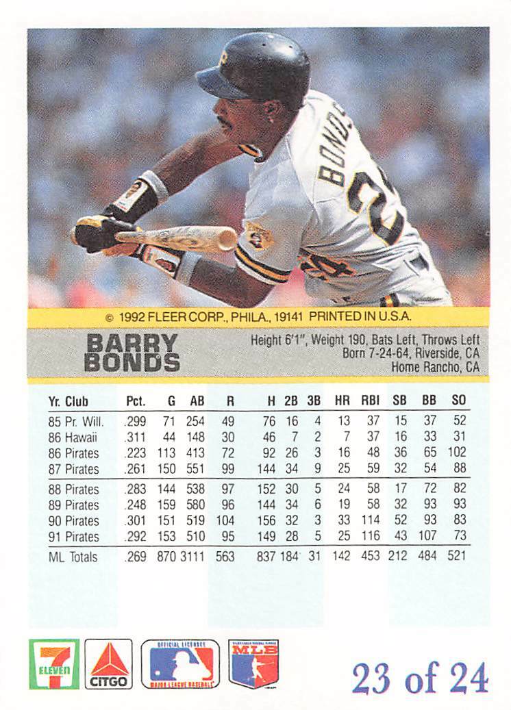 バーリーボンズ 1988 Fleer Baseball Card Barry Bonds Pittsburgh Pirates #322
