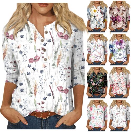 Women's Floral Printed Three Quarter Sleeve Blouse Daily Business Top T-Shirt - Afbeelding 1 van 42