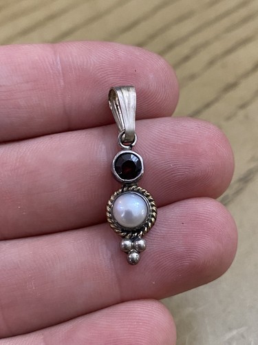 Designer Signed CA Sterling Silver 925 Red Garnet Cultured Pearl Pendant