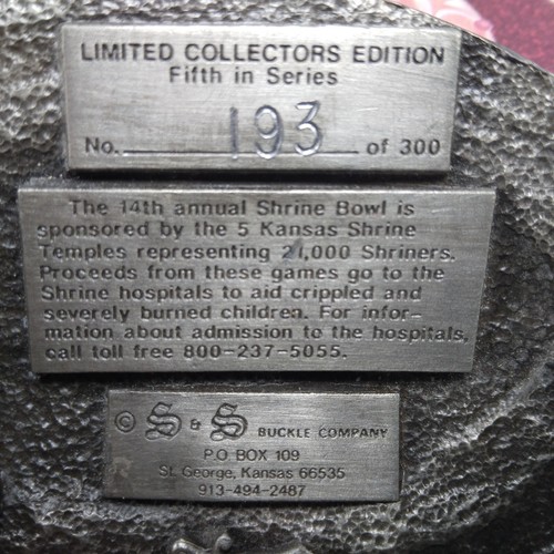 Belt Buckle Kansas Shrine Bowl 1987 All Star Game Pewter Football Seniors - Picture 3 of 5