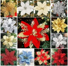 10 × Christmas Glitter Poinsettia Flowers Xmas Tree Ornament 4 Kinds Flowers USA