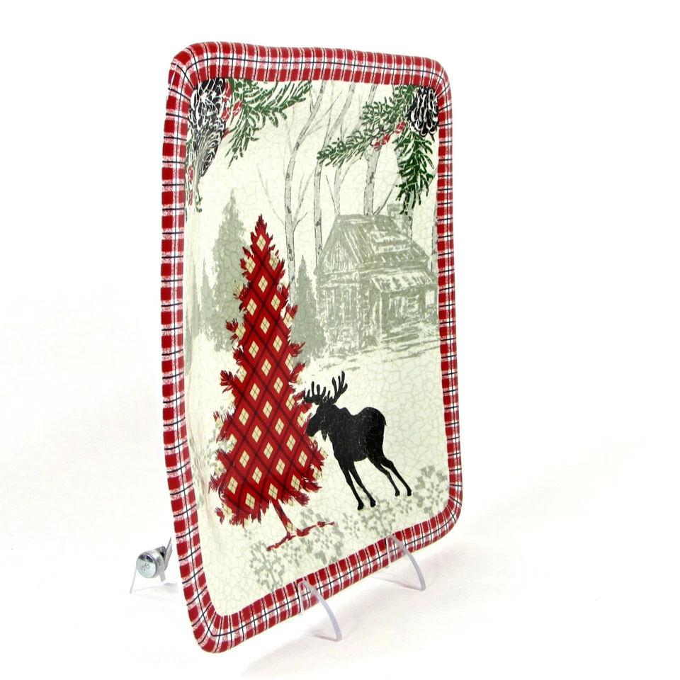 222 Fifth BRIDGETON LODGE 8" Salad Plate Square White Red Moose Christmas Mint - Image 2 of 4