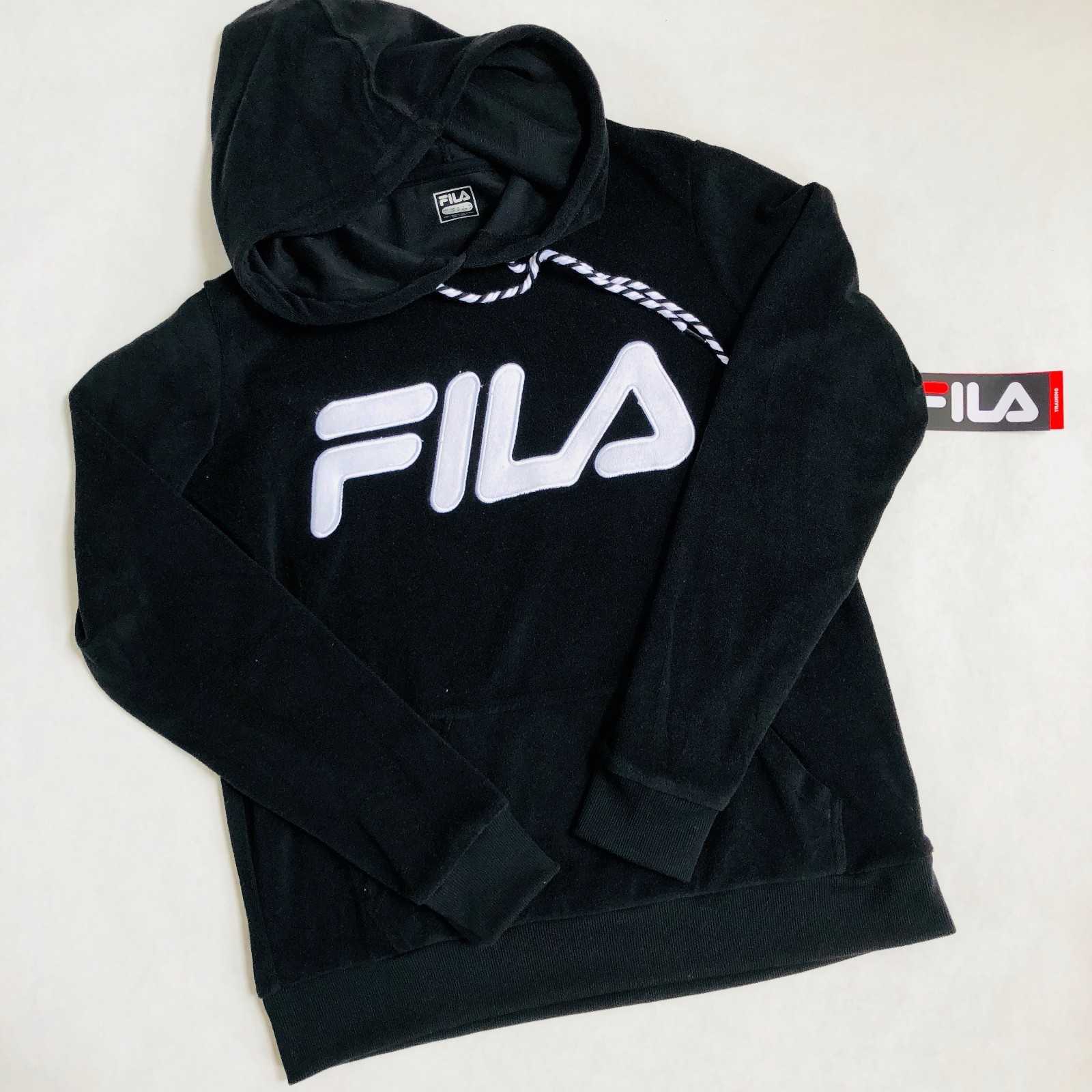 Felpa donna FILA logo nera con cappuccio spugna panno asciugamano pullover giacca nuova con etichetta