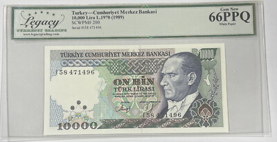 1989 Cumhuriyet Merkez Bankasi Turkey 10000 Lira L 1970 Legacy Gem