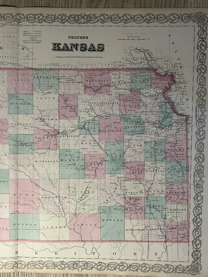 Mapa antiguo coloreado a mano original de Colton's Kansas 1870 28" x 17" Foto 3 de 3