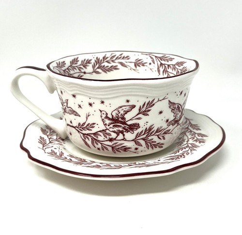 New England Toile Tabletops Unlimited Flat Cup/Mug and Saucer Burgundy CRAZING B - Picture 2 of 8