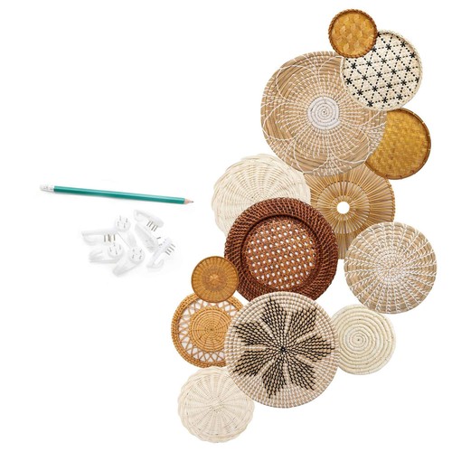 Set of 13 Hanging Woven Baskets for Wall Decor - Handcrafted Bamboo, Rattan &...