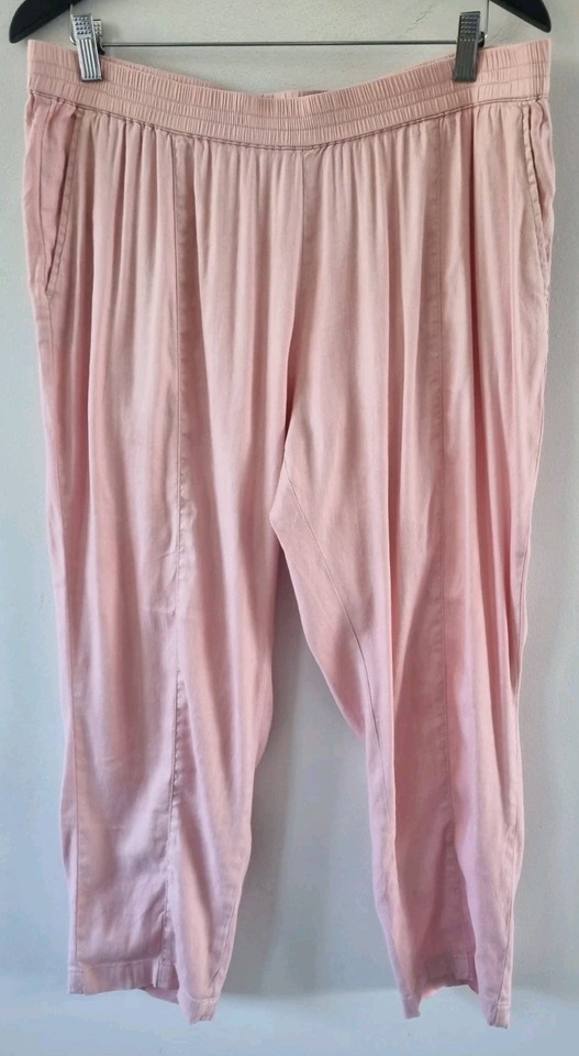 Trenery Pink Cropped Pants Elastic Waist Linen Viscose Blend Pockets Sz 14 EUC