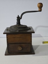 Vintage Antique Wood Coffee Bean Burr Grinder Mill Manual Cast Iron Hand Crank