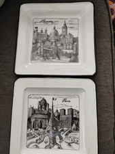 2 Effetti D'Arte Italy Square Plates Paris & London 7.75 & 8"