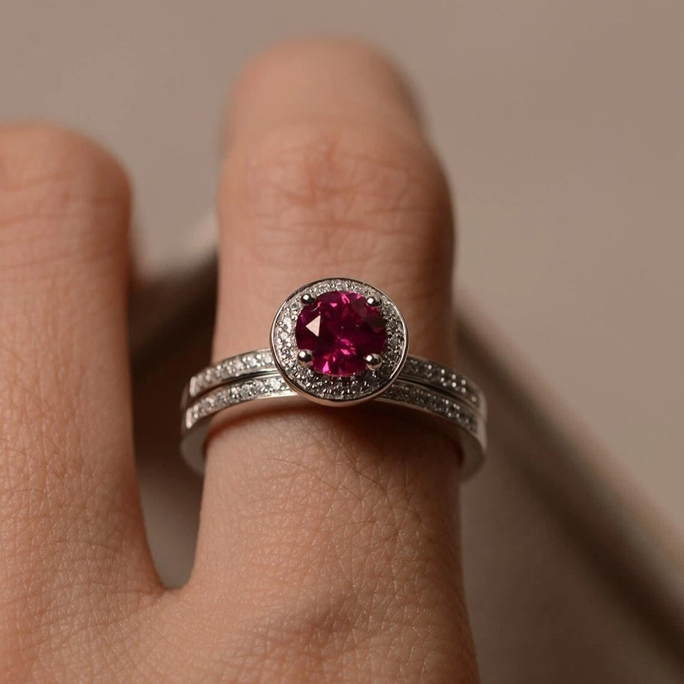 14K White Gold Over 3Ct Round Cut Pink Sapphire Halo Bridal Set Engagement Ring - Image 2 of 4