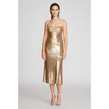 $497 Halston Women's Gold Ray Metallic Sequin Midi Dress Size 4
