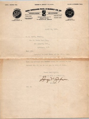 1923 New England Fuel Supply Co. Letter Boston Coal Embargo Nude Park VT