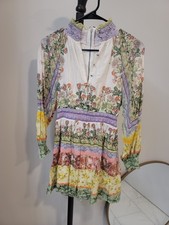 Alice + Olivia Lavinia Blouson-sleeve Mini Dress Multicolor Tiered Floral Sz 0