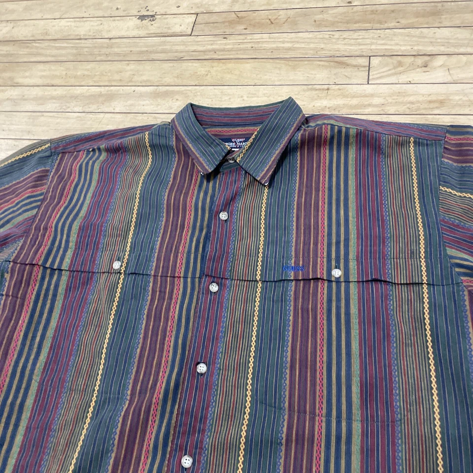 Guess by Georges Marciano Shirt Men XL Vtg 80s 90s Print Grunge Thrashed Stripe - Image 2 of 4