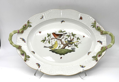 Exquisite Limited Herend Large 18'' Rothchild Oval Gold RIm Branch Handles Tray
