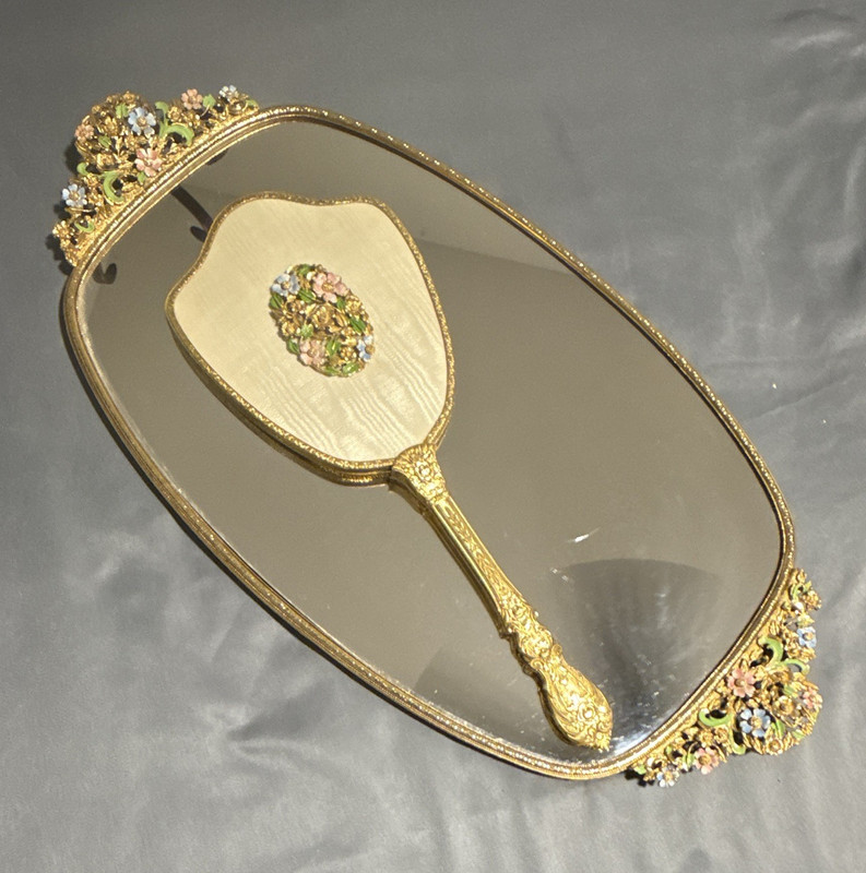 Gold Tone Floral Metal Vanity Mirror Tray & Hand Mirror Set with Tabletop Mirror