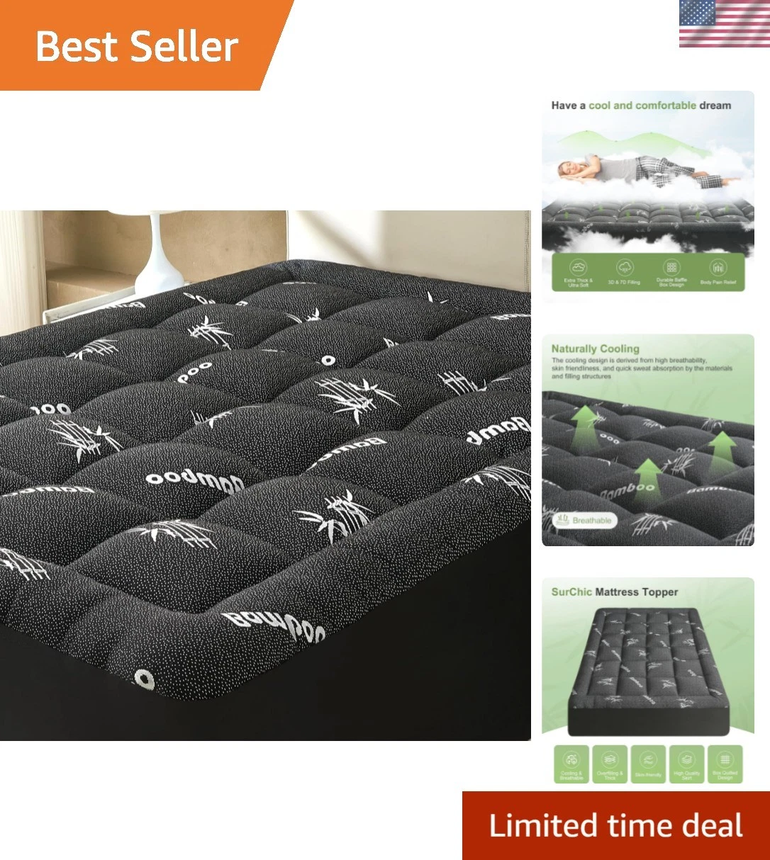 Queen Size Mattress Topper Viscose Derived from Bamboo, Soft Thick Pillow Top...