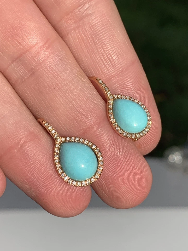18Ct Rose Gold Diamond Turquoise Italian Exceptional ￼Drop Earrings 5.4 G - Image 3 of 4
